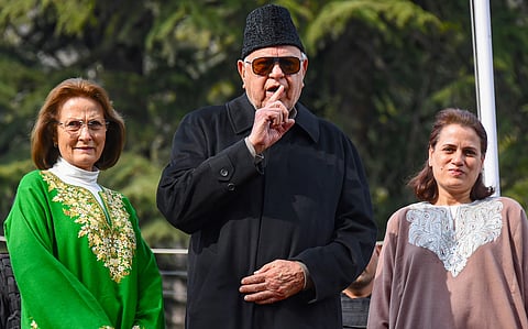 National Conference patron Farooq Abdullah with his wife Mollie Abdullah (L) and daughter Safiya Abdullah (R) speaks to media after his Public Safety Act was revoked by J-K administration at his Gupkar residence in Srinagar Friday. (Photo | PTI)