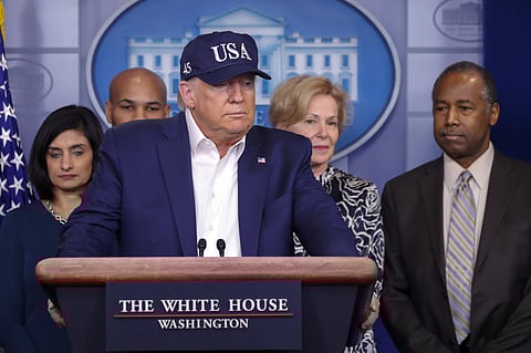 President Donald Trump speaks during a briefing on coronavirus in the Brady press briefing room at the White House, Saturday, March 14, 2020, in Washington. (Photo |AP)