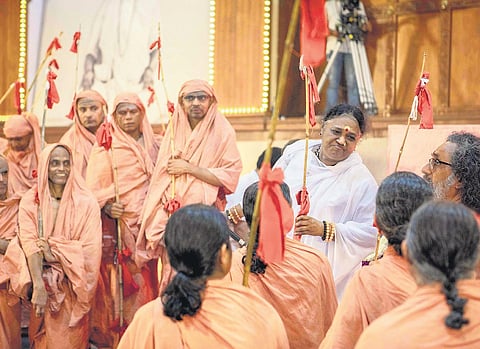 Mata Amritanandamayi at the brahmacharya and sannyasa initiation ceremony held at Amritapuri on Friday