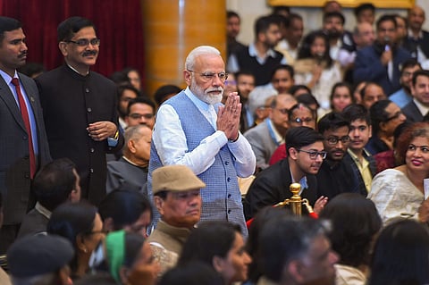 Prime Minister Narendra Modi arrives to attend 'Padma Awards 2019' at Rashtrapati Bhavan in New Delhi.  (Photo | PTI)