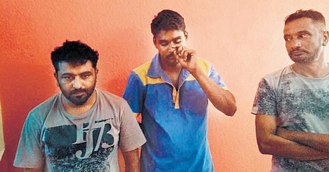 Mohammed Nuhman, Joseph Sakharia and Shahjahan at Thoppumpady police station. (Photo | EPS)