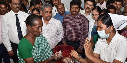 Coimbatore Collector K Rajamani foreseeing a hand wash awareness drive. (Photo | U Rakesh Kumar, EPS)