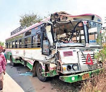 The RTC bus that rammed the van in Sangupet on Monday