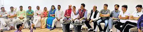 Rebel Madhya Pradesh MLAs during a press conference at Ramada resort in Yelahanka, Bengaluru, on Tuesday | express