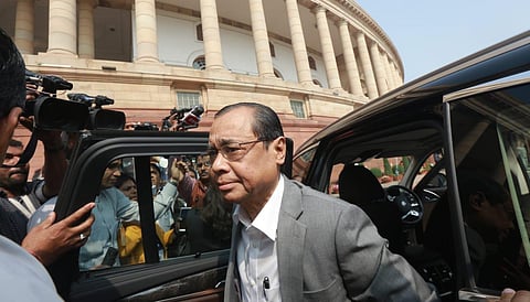 Former CJI Ranjan Gogoi arrives at Parliament house for taking oath as Rajya Sabha MP in New Delhi on Thursday.  (Photo | EPS/Shekhar Yadav)