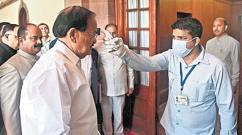 Vice President M Venkaiah Naidu being screened in Parliament | Shekhar Yadav