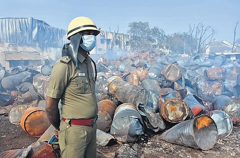 Fire fighters in  the second day at a Chemical factory in Madhavaram on Sunday| Ashwin Prasath