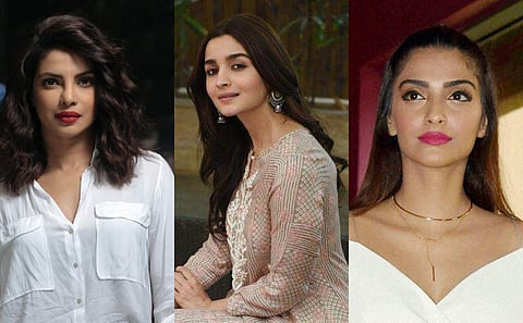 Actresses Priyanka Chopra Jonas (left), Alia Bhatt (centre) and Sonam Kapoor Ahuja (right) (Photos | PTI)