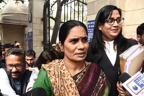Nirbhaya's mother Asha Devi addresses the media outside the Patiala House court in New Delhi. (Photo | Parveen Negi, EPS)