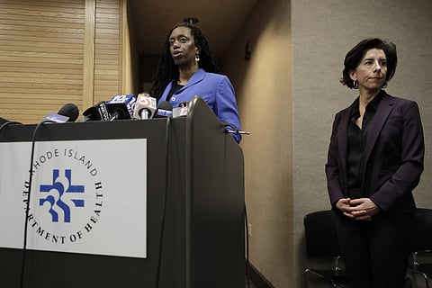 Rhode Island Director of Health Nicole Alexander-Scott, left, and R.I. Gov. Gina Raimondo, right, face reporters during a news conference, Sunday, March 1, 2020, in Providence. (Photo | AP)