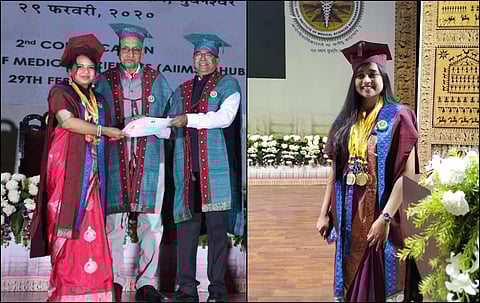 On the left, Manisha Mohanty receiving best graduate certificate at the third convocation of AIIMS, Bhubaneswar. On the right, Rosalin Parida poses with her 13 gold medals.
