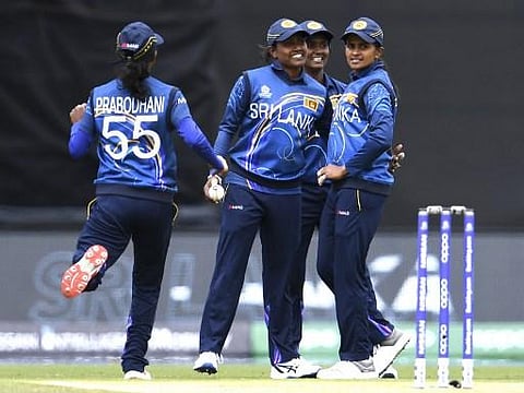Sri Lanka's Shashikala Siriwardene (R) is congratulated by teammates after taking four Bangladesh wickets during their Twenty20 women's World Cup cricket match in Melbourne on March 2, 2020. (Photo | AFP)