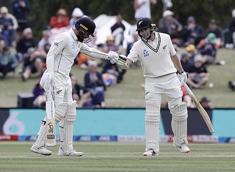 New Zealand's Tom Blundell, left, and teammate Tom Latham gesture while batting during play on day three of the second cricket test between New Zealand and India at Hagley Oval in Christchurch, New Zealand, Monday, March 2, 2020. (Photo | AP)