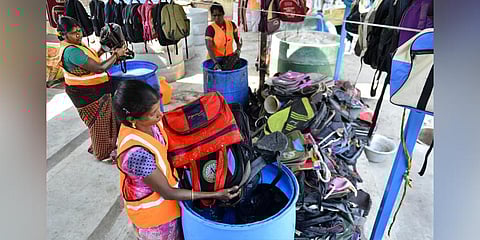 The Greater Chennai Corporation is refurbishing discarded school bags into brand new ones. (Photo | D Sampathkumar, EPS)