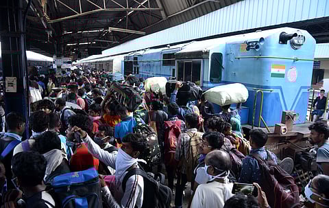 People who are working in Chennai as daily labour is returning to thier home town after shops and mall are closed due to coronavirus threat. (Photo | R Sathish Babu/EPS)