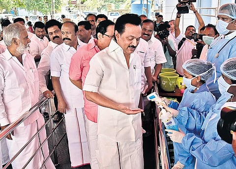DMK president MK Stalin disinfecting his hands while entering Assembly following novel coronavirus outbreak. (File | P Jawahar/EPS)