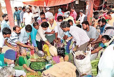 A rush of consumers at Rythu Bazar in Eluru on Monday | EXPRESS