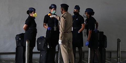 Air hostesses being screened for COVID-19 at Terminal 2 of IGI Airport in New Delhi. (Photo | Ashish Kumar, EPS)