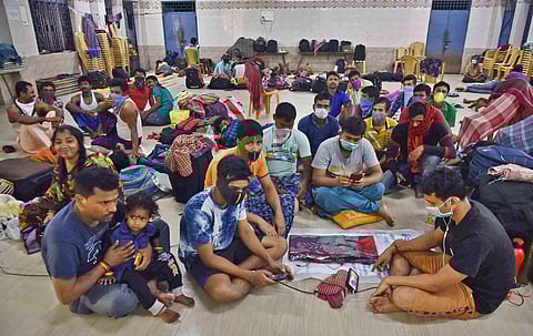 Labourers quarantined at a Corporation Community hall in Chinthadripet,Chennai. (Photo | P Jawahar, EPS)
