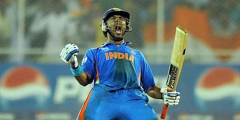 Yuvraj Singh celebrates after scoring the winning runs against Australia in the 2011 World Cup quarters. (File Photo | AFP)