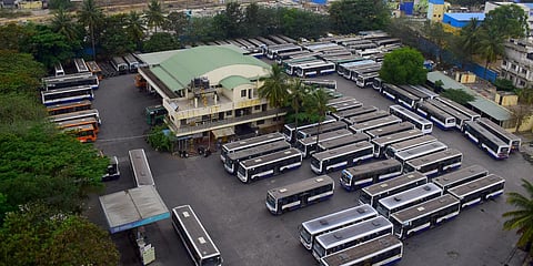 All KSRTC buses are seen parked at the Yashwantpur bus stand in Bengaluru amid COVID-19 lockdown. (Photo| Pandarinath B, EPS)