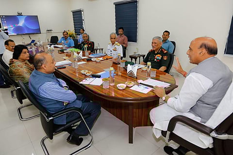 Defence Minister Rajnath Singh on Thursday chaired a review meeting with the Chief of Defence Staff General Bipin Rawat, Chiefs of Army, Navy and Air Force and senior officials. (Photo | Ministry of Defence Twitter)