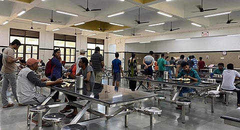Students maintaining queue in the hostel mess. (Photo | Special Arrangement)