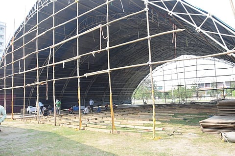 Isolation centre coming up at Sarusajai Stadium. (Photo | Twitter/@himantabiswa)