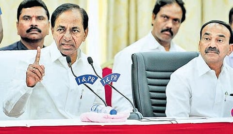 KCR addressing mediapersons at Pragati Bhavan in Hyderabad on Saturday.