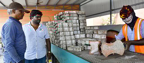 Corporation has purchased a colouring machine to paint the bricks green, brown, pink and red | d sampath kumarCorporation has purchased a colouring machine to paint the bricks green, brown, pink and red. (Photo | Sampath Kumar, EPS)