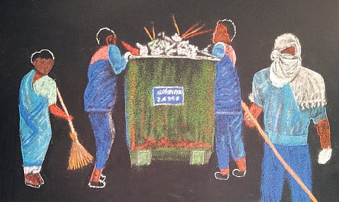 Every kolam is drawn on a 4x4 black mica sheet