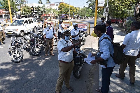Police seize two wheelers after section 144 imposed at Anna nagar, in Chennai. (Photo |EPS / R.Satish Babu)