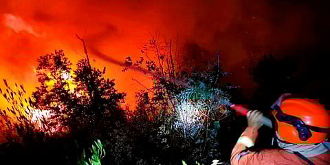 A firefighter battles a forest fire as it approaches a gas station in Xichang in southwestern China's Sichuan Province. (Photo | AP)