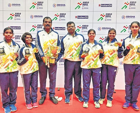 The University of Madras team that won the table tennis title at the first edition of the Khelo India University Games, in Bhubaneswar