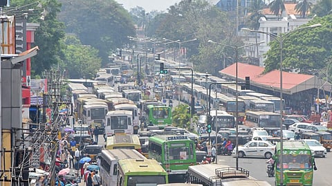 KSRTC buses laying blockade at East Fort after KSRTC staged a flash strike due to standoff between police and KSRTC employees in Thiruvananthapuram on Wednesday. (Photo | B P Deepu, EPS)