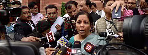 Finance Minister Nirmala Sitharaman addressing the media outside the Parliament. (Photo | EPS/Shekhar Yadav)