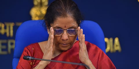 Finance Minister Nirmala Sitharaman addresses media on cabinet decisions at Shastri Bhawan in New Delhi. (File photohoto| PTI)