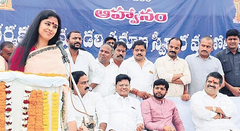 Simhachalam Temple Trust Board chairperson Sanchaita Gajapati Raju speaking at the oath-taking ceremony in Visakhapatnam on Thursday I Express