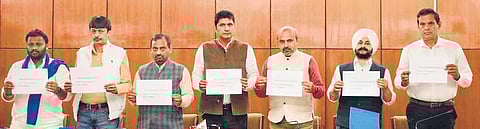 Delhi Assembly’s Peace and Harmony committee chairman Saurabh Bharadwaj (centre) during a press conference | courtesy: AAP