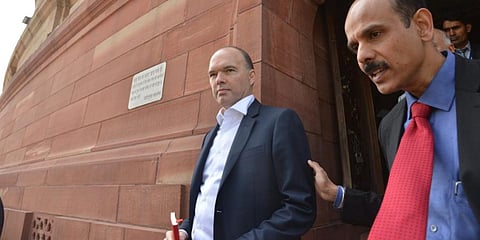 Vodafone Global CEO Nick Read after meeting FM at the Parliament house in New Delhi on Friday. (Photo| Shekhar Yadav, EPS)