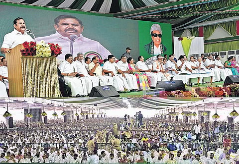 Chief Minister Edappadi K Palaniswami addressing party cadre and public after laying foundation stone for a Government Medical College Hospital in Namakkal  on Thursday | special arrangement