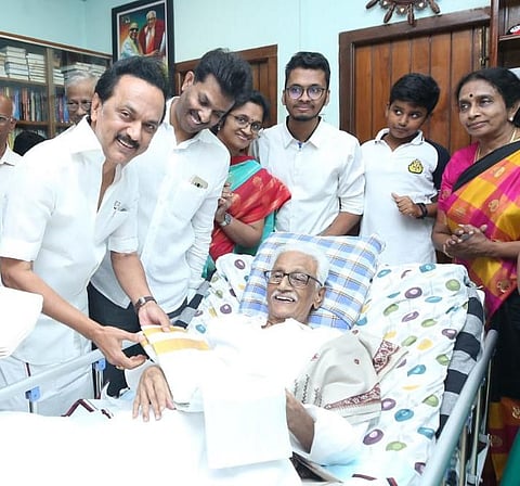 DMK leader M K Stalin greets K Anbazhagan at his residence during his 98th birthday celebration in November 2019. (Photo | EPS)