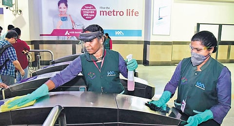 In the wake of the COVID-19 scare, the Kochi Metro Rail Ltd has launched a sanitisation drive at its stations and trains on Friday. A scene from the Edappally station | Albin Mathew