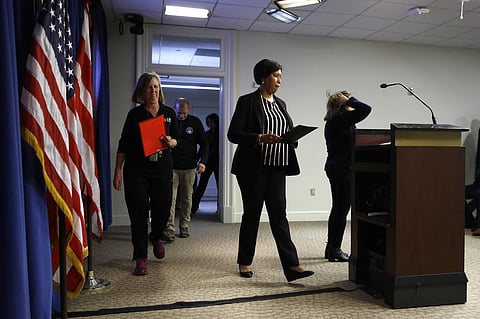 District of Columbia Mayor Muriel Bowser arrives to speak at a news conference to announce the first presumptive positive case of the coronavirus, technically known as COVID-19, in Washington, Saturday, March 7, 2020. (Photo | AP) 