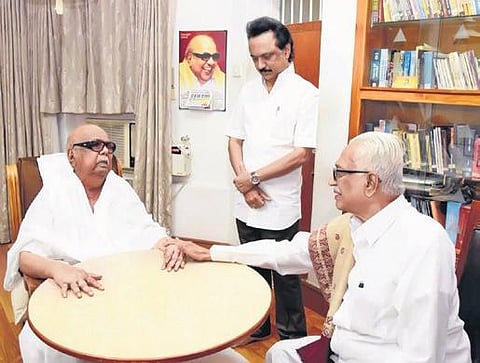 DMK senior leader K Anbazhagan, when he met DMK Chief M Karunanidhi to inquire about his health at the latter’s in Chennai. DMK Treasurer M K Stalin is also seen in the picture | Express
