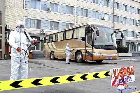 North Korean government workers wearing protective suits spray disinfectant on a bus as a precaution against the new coronavirus at a parking lot in Sinuiju. (File Photo | AP)