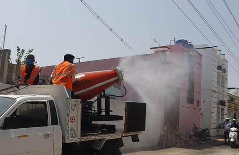 The BHEL disinfectant sprayer in operation in Ranipet (Photo | S Dinesh)