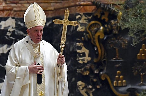 Pope Francis attends a Mass for Holy Thursday, inside St. Peter's Basilica at the Vatican, Thursday, April 9, 2020. (Photo | AP)