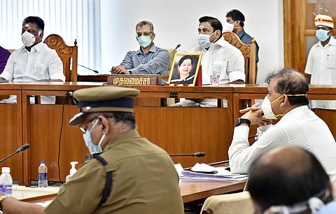 Chief Minister Edappadi K Palaniswami chairs the meeting with the heads of eleven departments in connection with COVID-19 while Deputy Chief Minister O Pannerselvam and other ministers look on at the Secretariat on Thursday in Chennai. (Photo | P Jawahar/