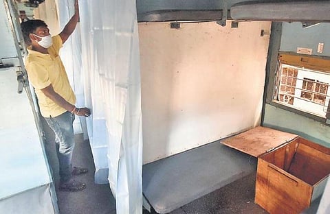 Workers giving final touches to train bogies that are being converted into isolation wards at the carriage workshop in Perambur, Chennai | P Jawahar